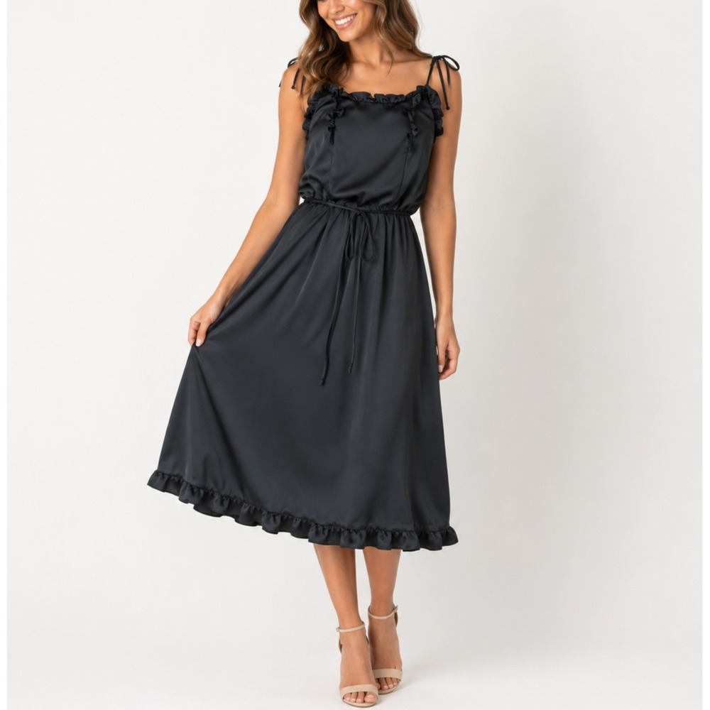 Vtg Candi Jones California Dress Sz‎ 7 Black Satin Ruffle Midi Sundress Party